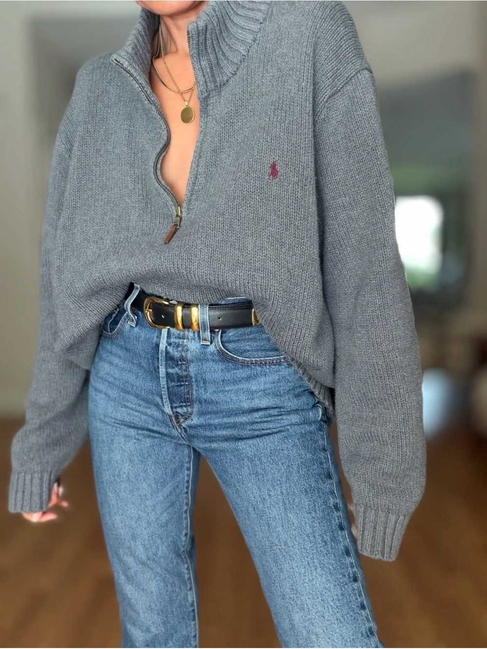 Vintage Ralph Lauren Gray Half-Zip Ribbed Wool Sweater - Picture 5 of 7